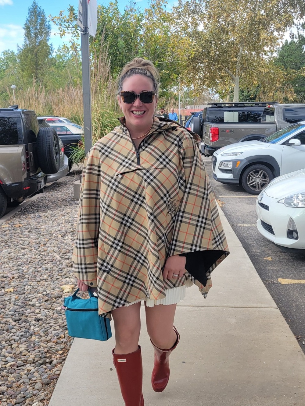 Burberry Beige Plaid Hooded Cape with Red Accents